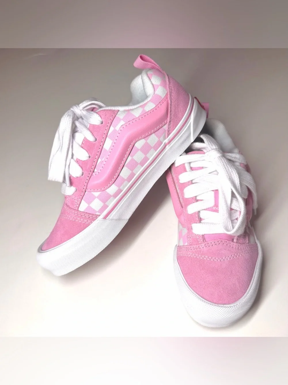 Vans Kids Knu Skool Checkerboard Skate Shoe Pink / White Size- 2